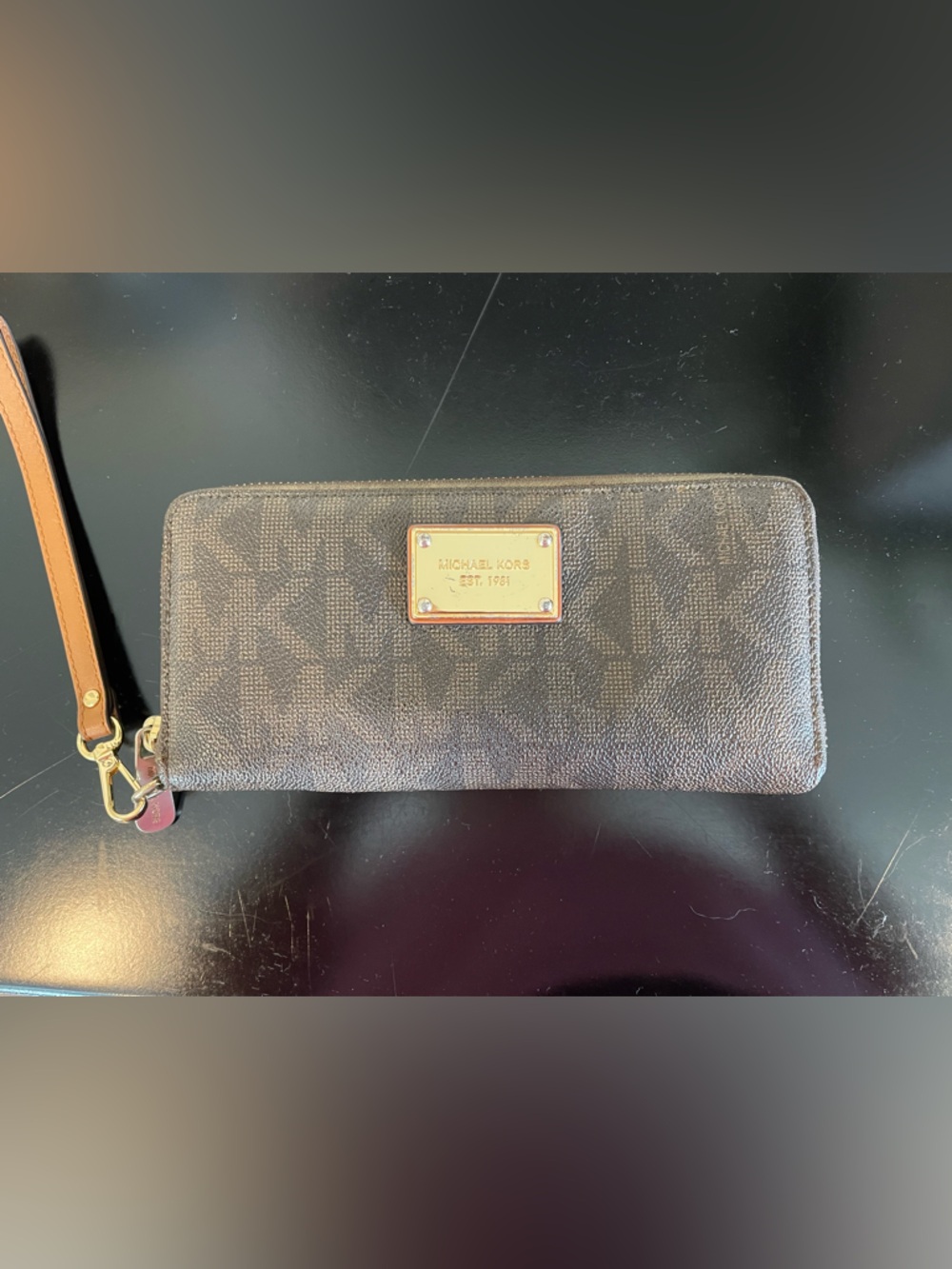 Michael Kors Brown Logo Zip-Around Wristlet Wallet with Gold Plaque